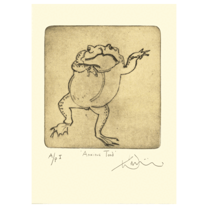 Anxious Toad card reproduced from an etching by Julian Williams
